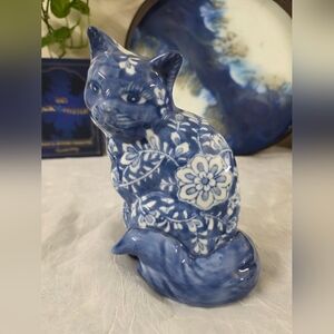 Blue Floral Ceramic Cat Figurine Vintage